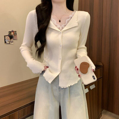 V-Neck Lace Panel Button Ribbed Knit Long Sleeve Top