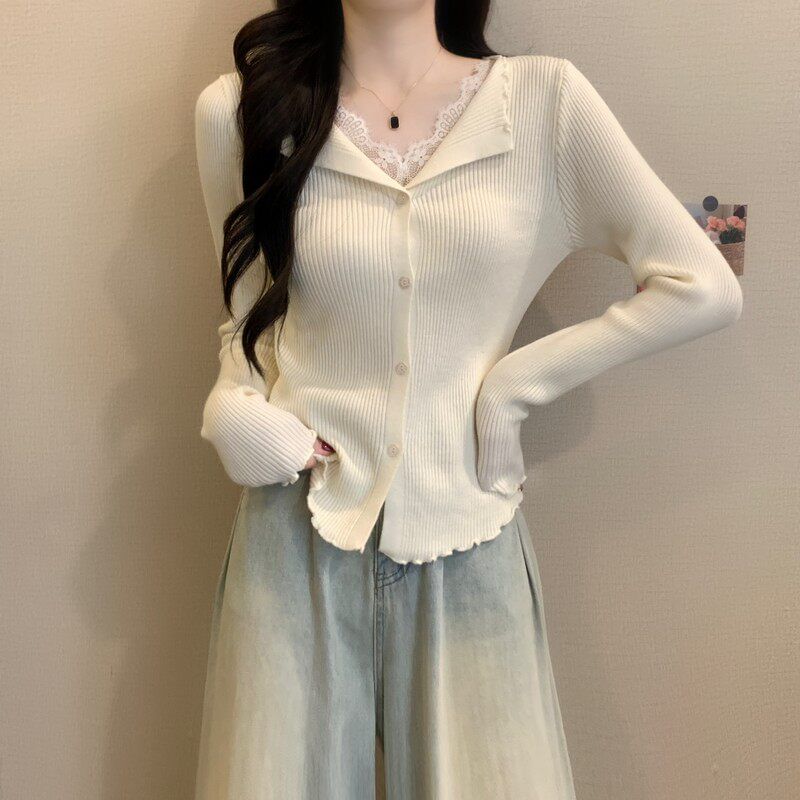 V-Neck Lace Panel Button Ribbed Knit Long Sleeve Top