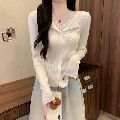 V-Neck Lace Panel Button Ribbed Knit Long Sleeve Top