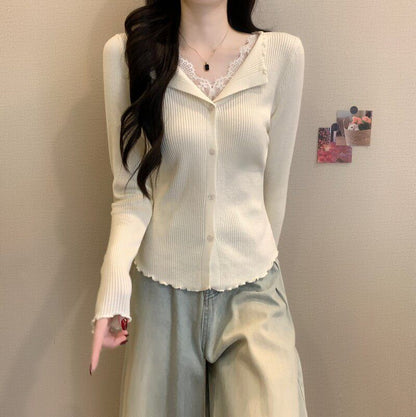 V-Neck Lace Panel Button Ribbed Knit Long Sleeve Top