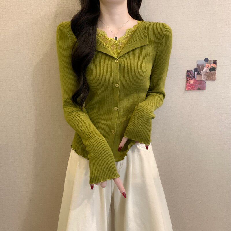 V-Neck Lace Panel Button Ribbed Knit Long Sleeve Top