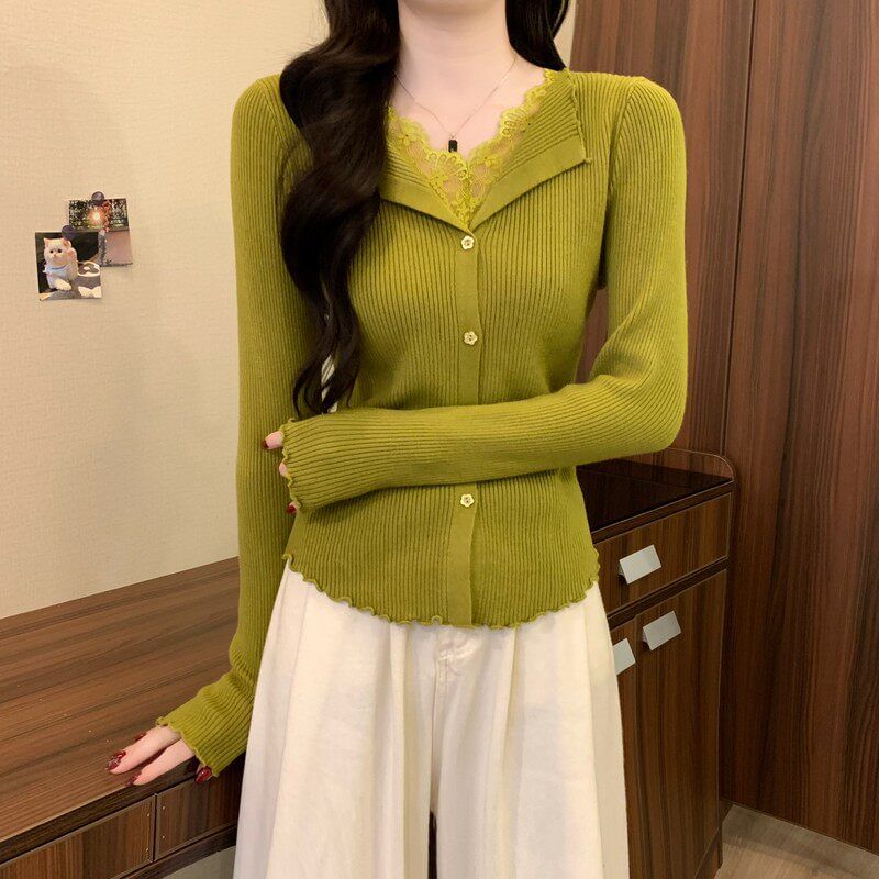 V-Neck Lace Panel Button Ribbed Knit Long Sleeve Top