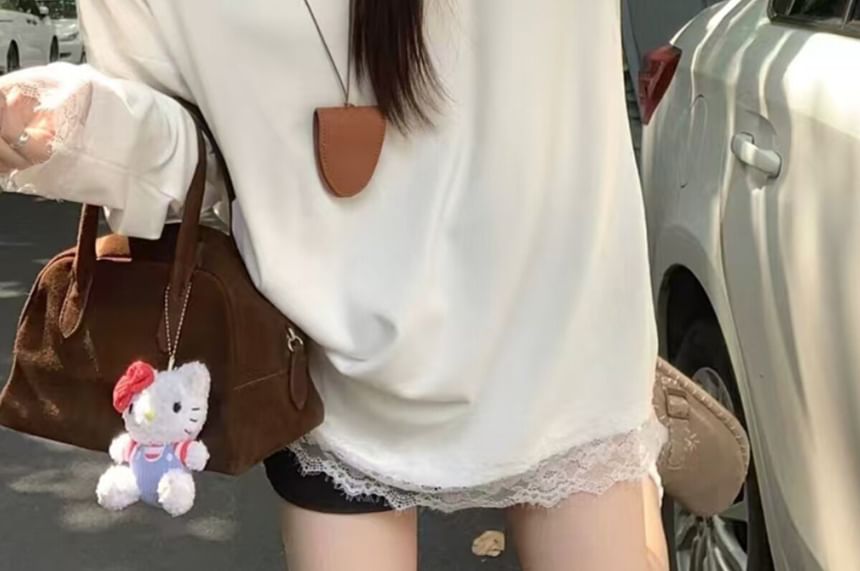 V-Neck Lace Panel Short Sleeve T-Shirt