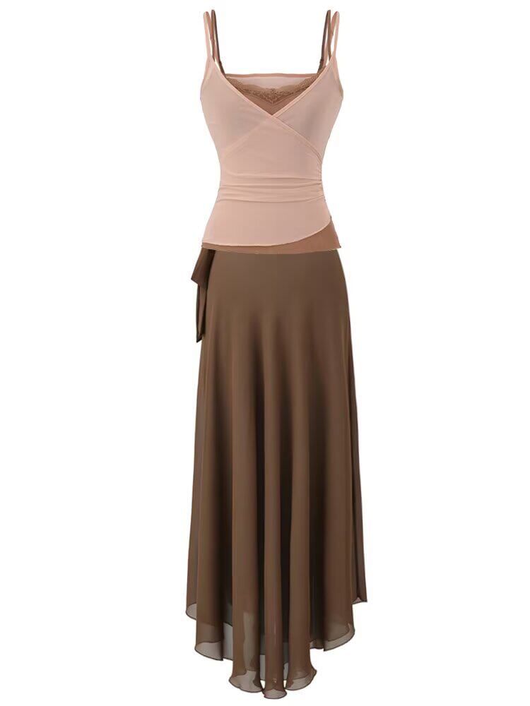 Mock Two Piece Lace Mesh Camisole & High Waist Tie-Up Maxi Skirt