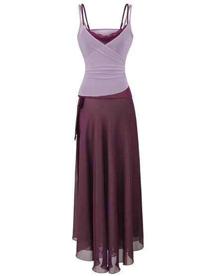 Mock Two Piece Lace Mesh Camisole & High Waist Tie-Up Maxi Skirt