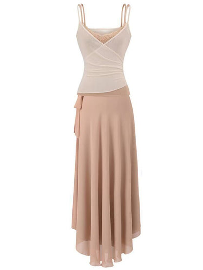 Mock Two Piece Lace Mesh Camisole & High Waist Tie-Up Maxi Skirt