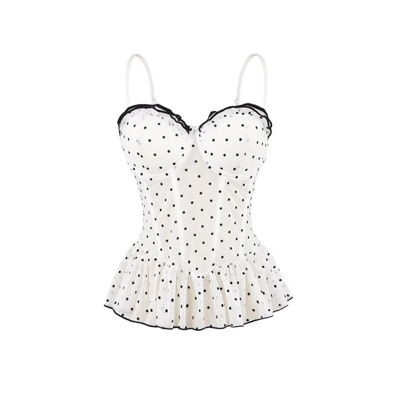 Sweetheart Neckline Polka Dot Ruffled Hem Camisole
