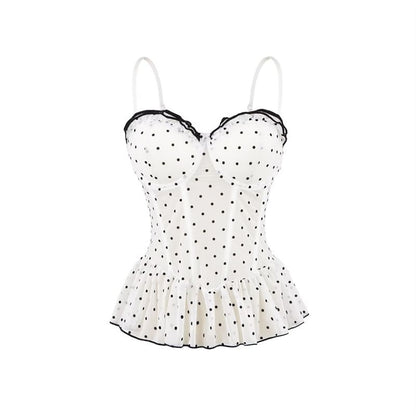 Sweetheart Neckline Polka Dot Ruffled Hem Camisole