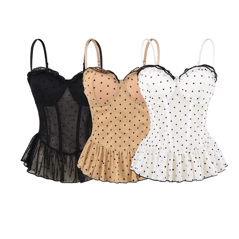 Sweetheart Neckline Polka Dot Ruffled Hem Camisole