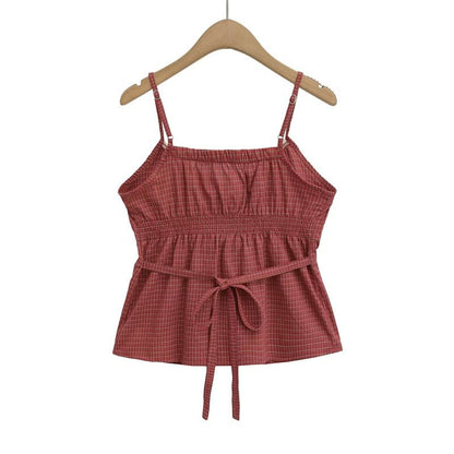 U-Neck Lace Trim Checked Fitted Camisole