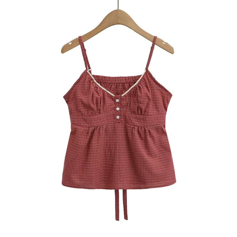 U-Neck Lace Trim Checked Fitted Camisole