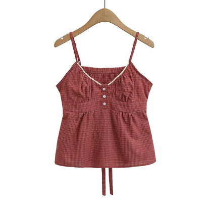 U-Neck Lace Trim Checked Fitted Camisole