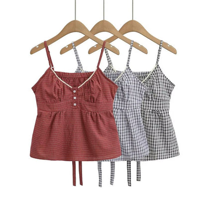 U-Neck Lace Trim Checked Fitted Camisole
