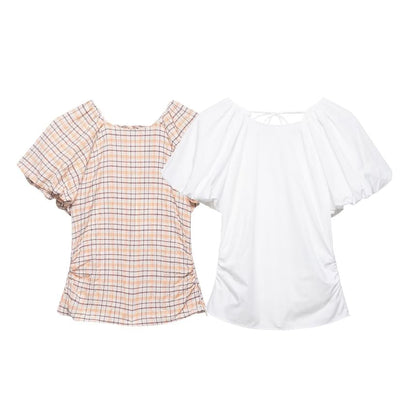 Puffed Sleeve Tartan Gathered Fitted Blouse