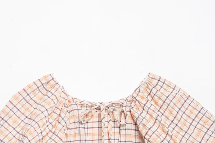 Puffed Sleeve Tartan Gathered Fitted Blouse