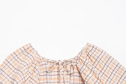 Puffed Sleeve Tartan Gathered Fitted Blouse