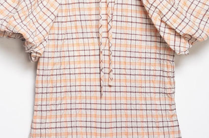 Puffed Sleeve Tartan Gathered Fitted Blouse