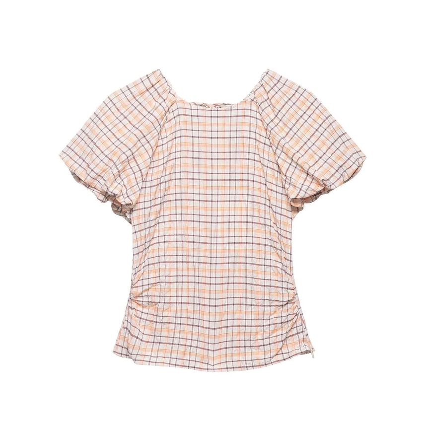 Puffed Sleeve Tartan Gathered Fitted Blouse