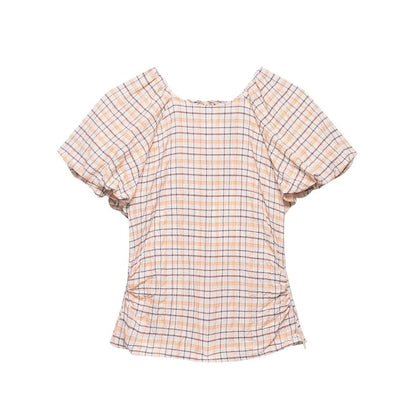 Puffed Sleeve Tartan Gathered Fitted Blouse