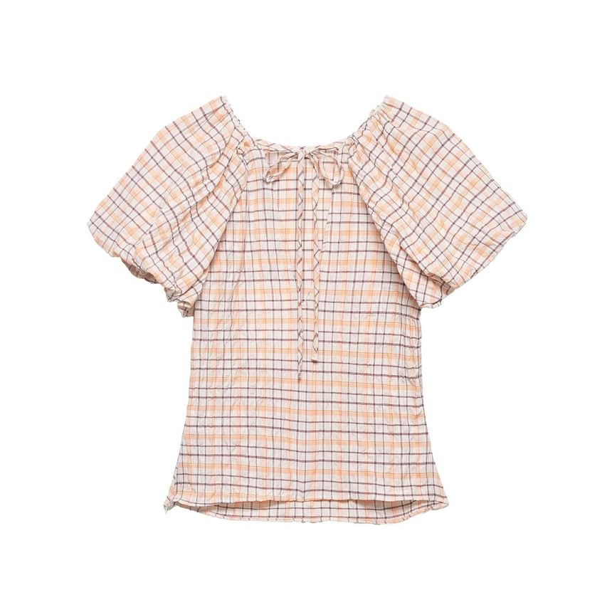 Puffed Sleeve Tartan Gathered Fitted Blouse
