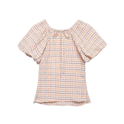 Puffed Sleeve Tartan Gathered Fitted Blouse