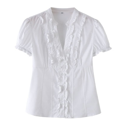 Short Sleeve V-Neck Minimalist Ruffled Slim Shirt