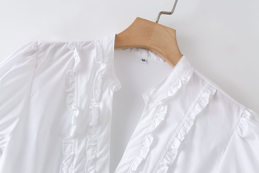 Short Sleeve V-Neck Minimalist Ruffled Slim Shirt