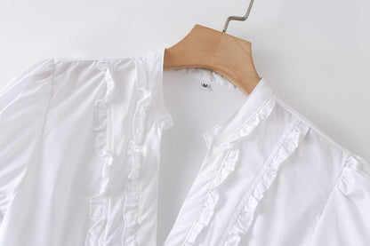 Short Sleeve V-Neck Minimalist Ruffled Slim Shirt