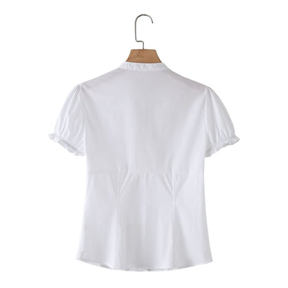 Short Sleeve V-Neck Minimalist Ruffled Slim Shirt