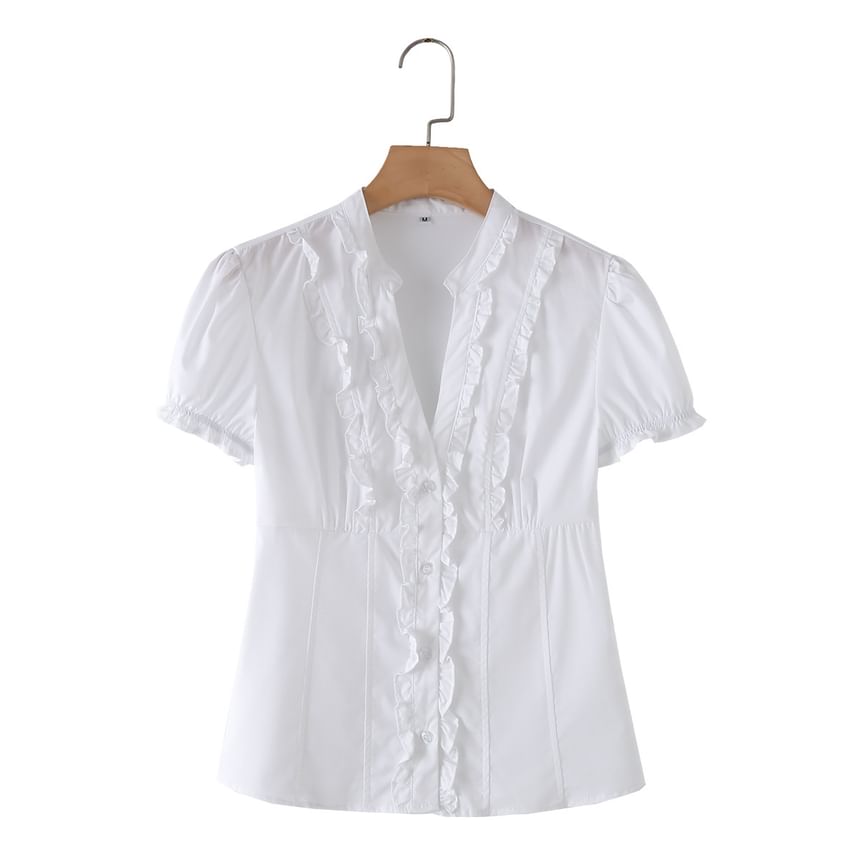 Short Sleeve V-Neck Minimalist Ruffled Slim Shirt