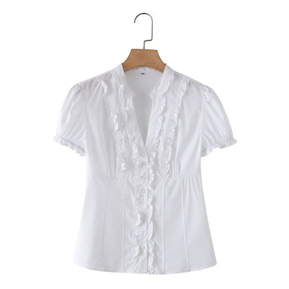 Short Sleeve V-Neck Minimalist Ruffled Slim Shirt