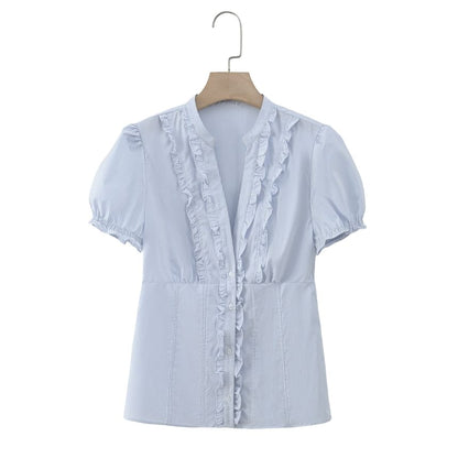 Short Sleeve V-Neck Minimalist Ruffled Slim Shirt