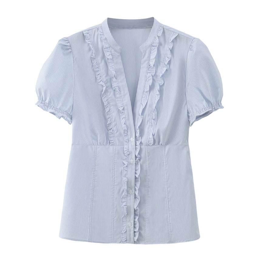 Short Sleeve V-Neck Minimalist Ruffled Slim Shirt