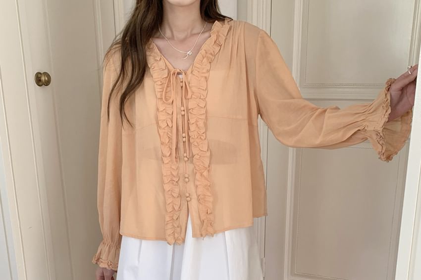 Ruffle-Trim V-Neck Long-Sleeve Blouse