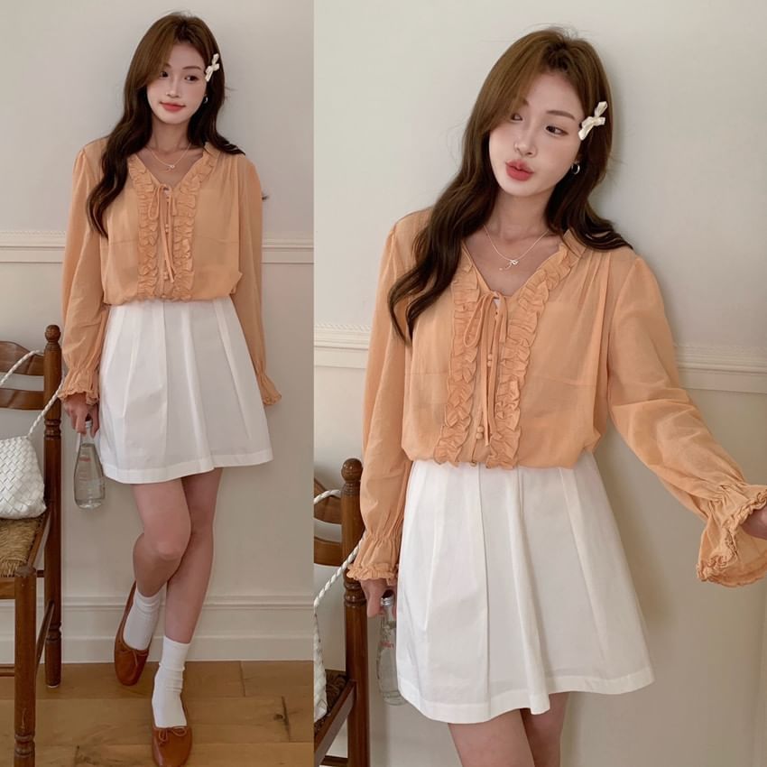 Ruffle-Trim V-Neck Long-Sleeve Blouse