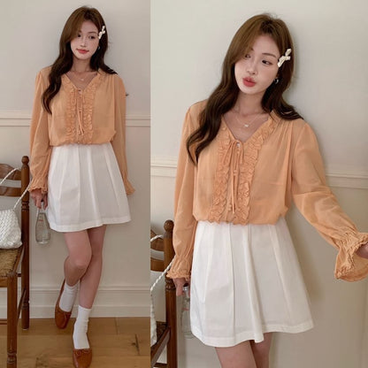 Ruffle-Trim V-Neck Long-Sleeve Blouse