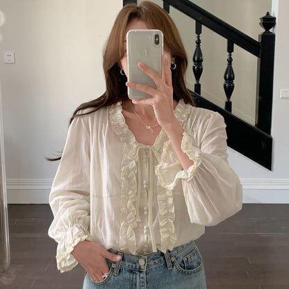 Ruffle-Trim V-Neck Long-Sleeve Blouse