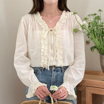 Ruffle-Trim V-Neck Long-Sleeve Blouse