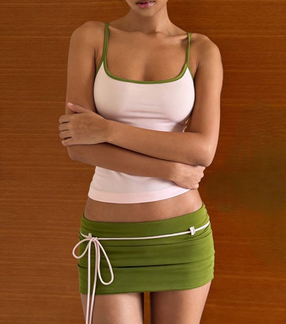 U-Neck Contrast Hem Fitted Camisole & Low Waist Pencil Skirt Set