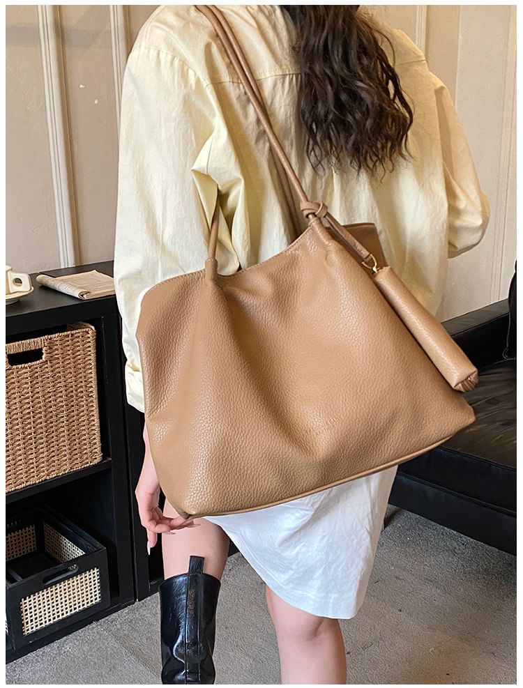 Set: Faux Leather Tote Bag + Pouch