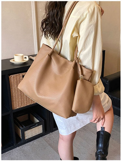 Set: Faux Leather Tote Bag + Pouch