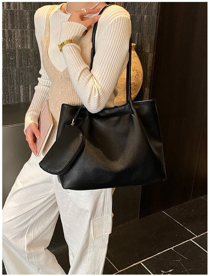 Set: Faux Leather Tote Bag + Pouch