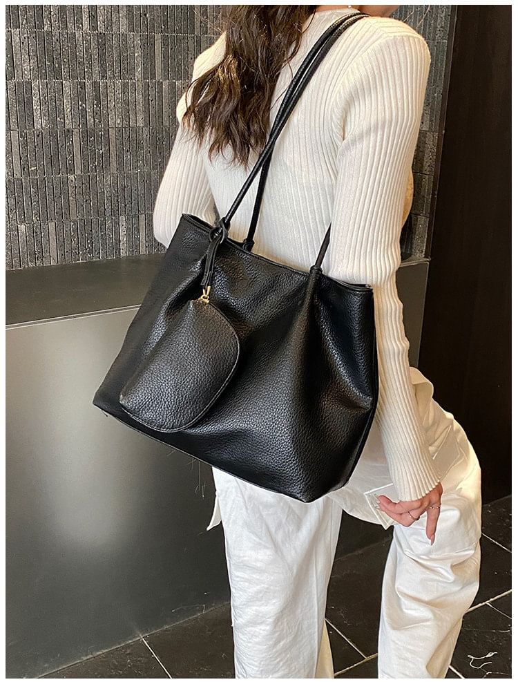 Set: Faux Leather Tote Bag + Pouch