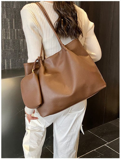 Set: Faux Leather Tote Bag + Pouch