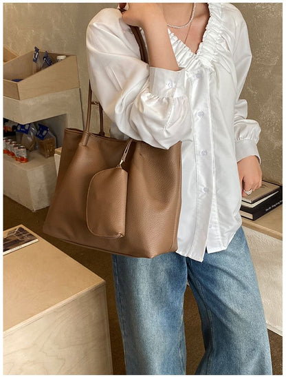 Set: Faux Leather Tote Bag + Pouch
