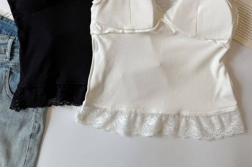 Spaghetti Strap V-Neck Lace Trim Camisole