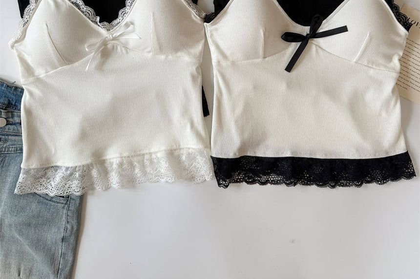 Spaghetti Strap V-Neck Lace Trim Camisole