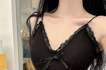 Spaghetti Strap V-Neck Lace Trim Camisole