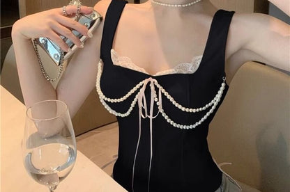 Square Neck Plain Lace Trim Sleeveless Top