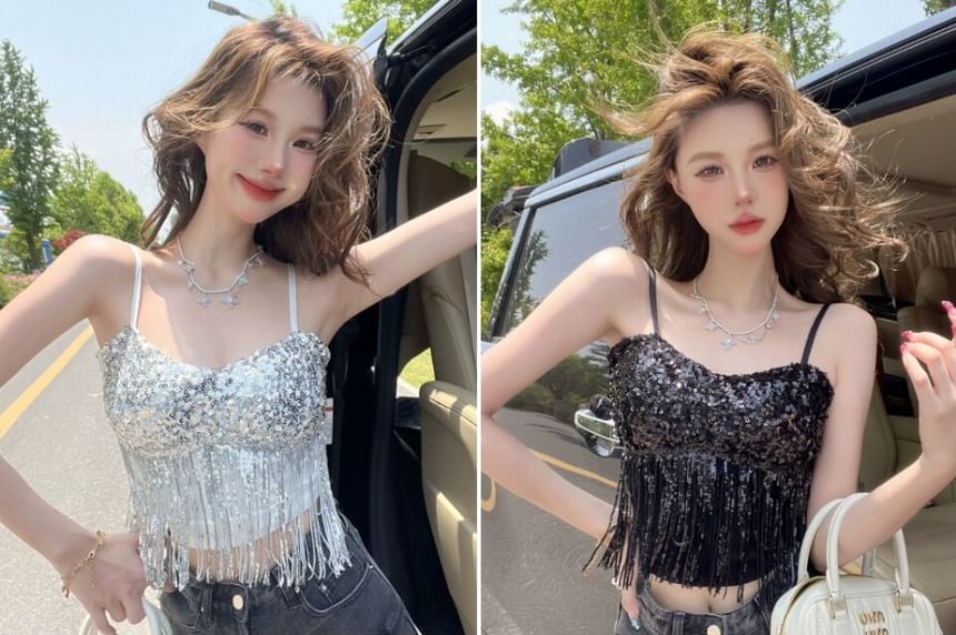 Sequined Fringed Cropped Camisole